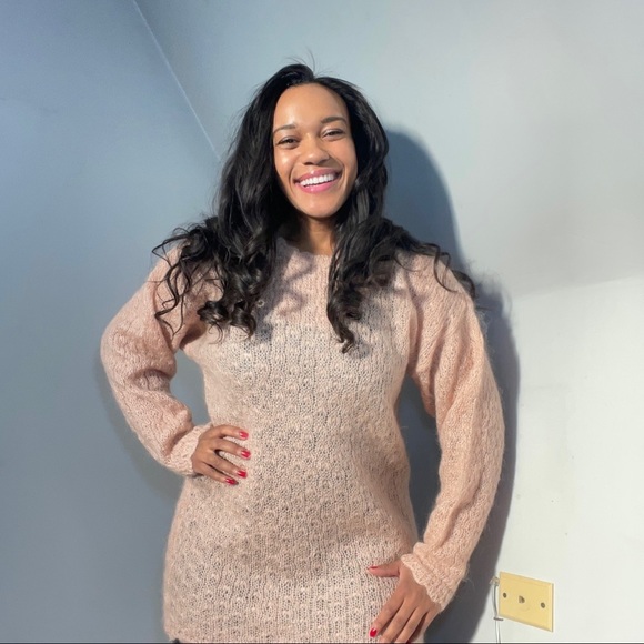 Vintage 90s fuzzy mohair acrylic light pastel pink long line tunic knit sweater - Picture 8 of 9